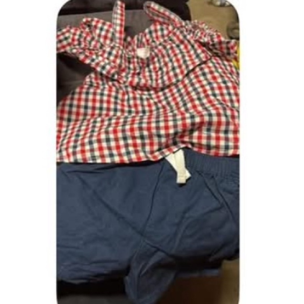 Red and Blue Checkered Top with Blue Shorts